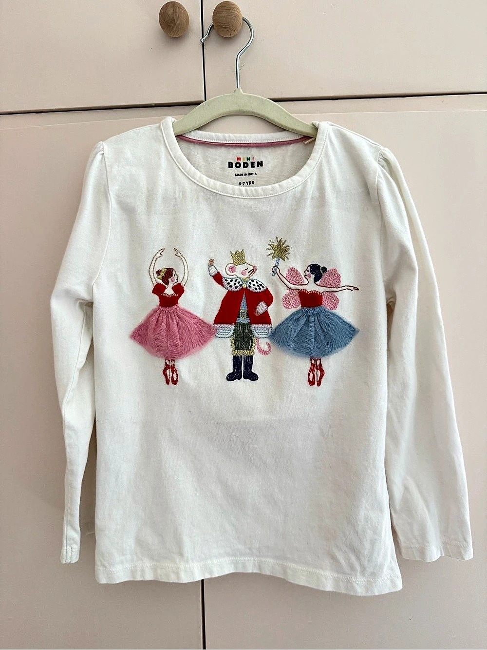 Mini Boden Girls Long Sleeve Holiday Nutcracker Embroidered Top White Size 6-7 Y